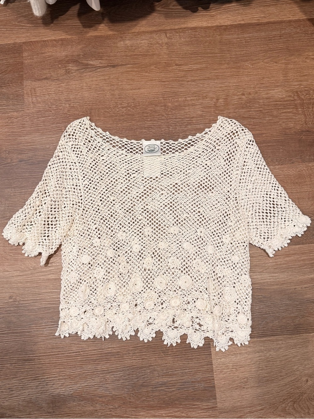 Laura Ashley Crochet Short Sleeve Women's Top in White/Cream